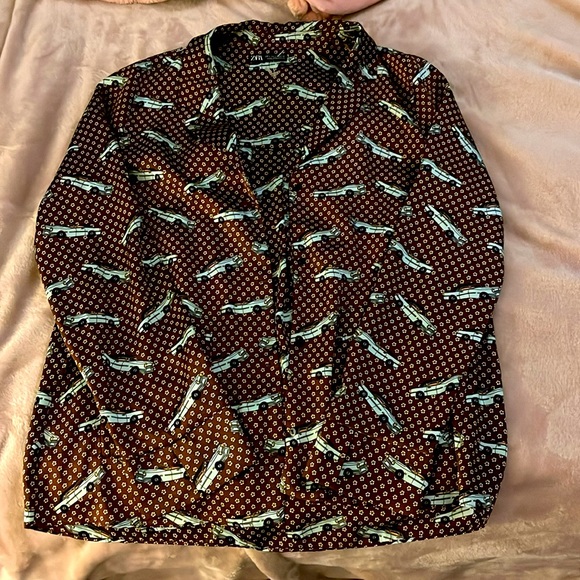 Zara brown PJ style top with vintage car print - Picture 6 of 8